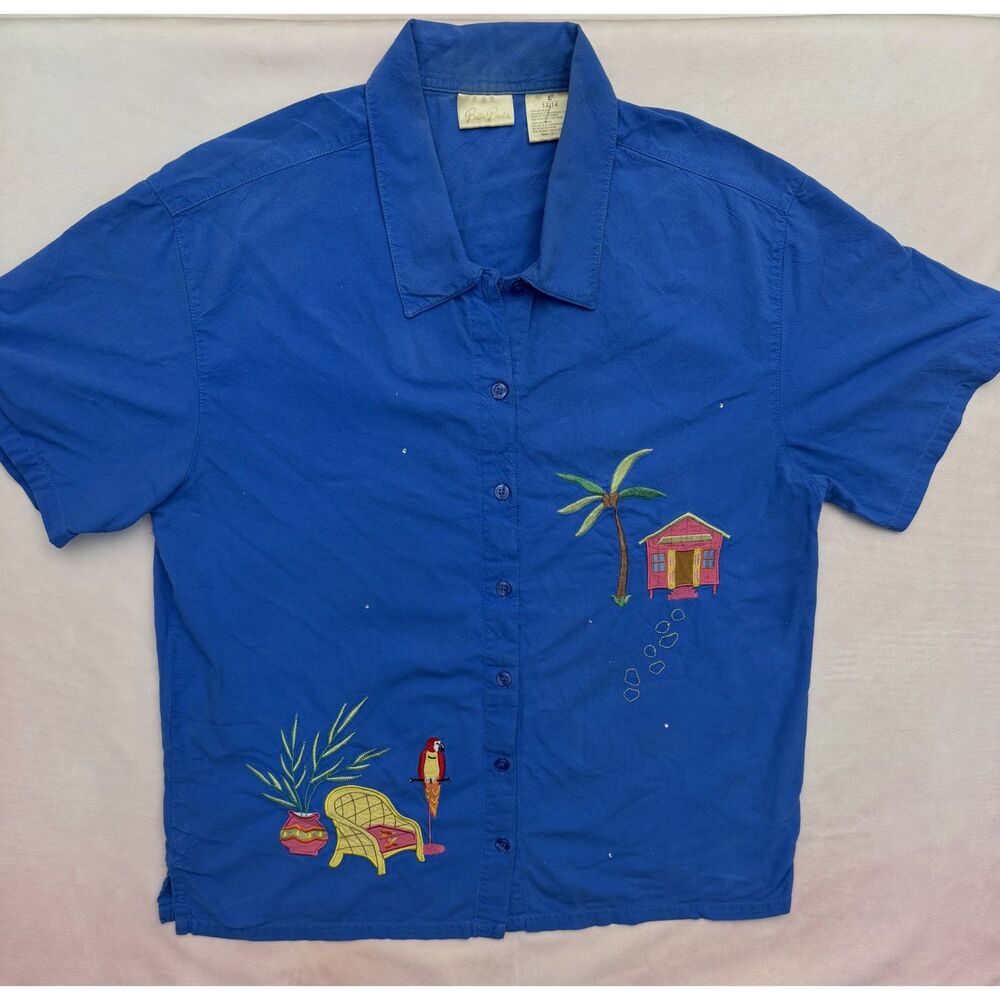 Bobbie Brooks Women's L 12/14 Blue Tropical Embroidered Short Sleeve Shirt